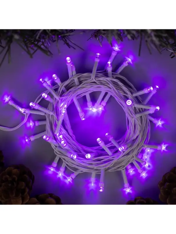 Гирлянда &laquo;Нить&raquo; 5 м, IP20, белая нить, 50 LED, 8 режимов, 220 В, свечение фиолетовое
