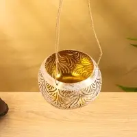 Подсвечник подвесной из кокоса, 14×14×10 см, бело-золотой