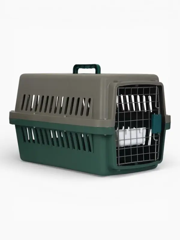 Переноска для животных пластиковая с сеткой и чашей 59 x 36 x 35 см, серо-зелёная