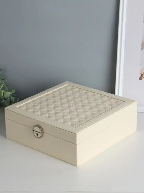 Шкатулка для часов 2 отделения и украшений &laquo;Ромбы белые&raquo;, кожзам, матовая, 8.5&times;25&times;25 см