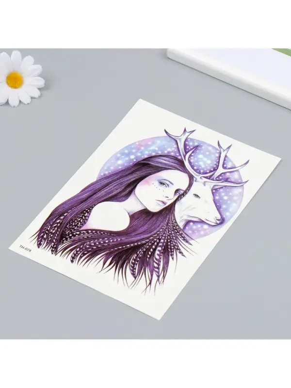 Переводная тату на тело цветная «Девушка и олень», 21×14.8 см