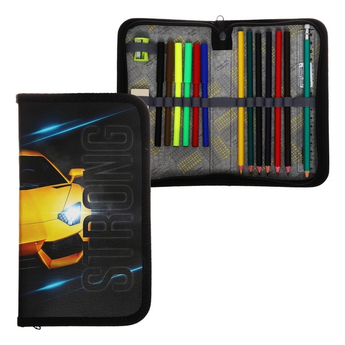 Пенал 1 секция, 115 х 205 мм, с наполнением 16 предметов, Calligrata Пенал 1 секция, 115 х 205 мм, с наполнением 16 предметов, Calligrata "Тачка" ламинированный картон, 30П26/set