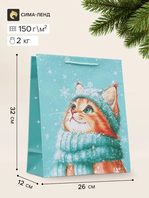 Пакет подарочный &laquo;Котёнок в шапке&raquo;, 26&times;12&times;32 см