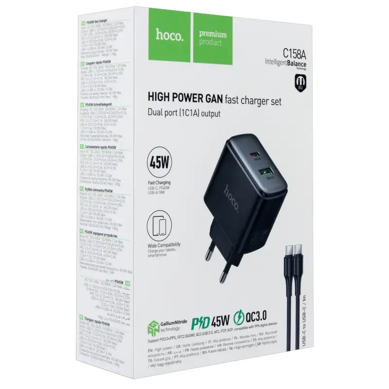 Сетевое зарядное устройство с кабелем Type-C на Type-C PD45W + USB QC3.0 C158A  HOCO черное