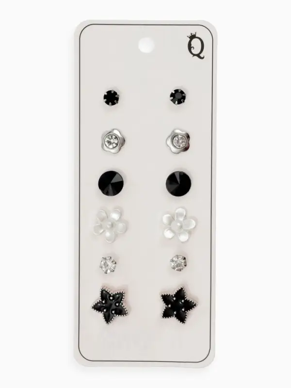 Серьги пусеты QF &laquo;Романтика&raquo;, 6 пар, цветочки, чёрно-белый в серебре