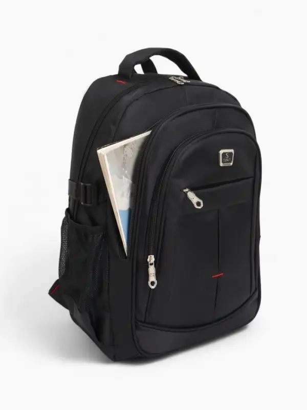 Рюкзак школьный из текстиля на молнии, 5 карманов, цвет чёрный/серый