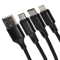 Кабель 3 в 1 Luazon, microUSB/Type-C/Lightning - USB, 2 А, 1 м, оплётка нейлон, черный