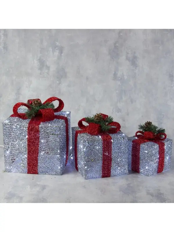 Светодиодная фигура &laquo;Подарки с красной лентой&raquo; 15, 20, 25 см, текстиль, металл, 220 В, свечение белое