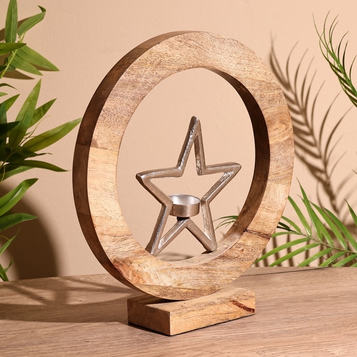 Подсвечник в деревянном кольце  Подсвечник в деревянном кольце "Звезда" 30х8х33 см