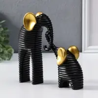 Сувенир полистоун "Слон со слонёнком. Гофре" чёрный с золотом набор 2 шт 5,5х16,5х16,5 см