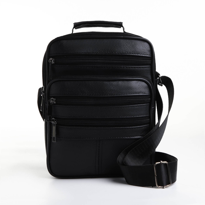 Сумка мужская на молниях, длинный ремень, цвет чёрный