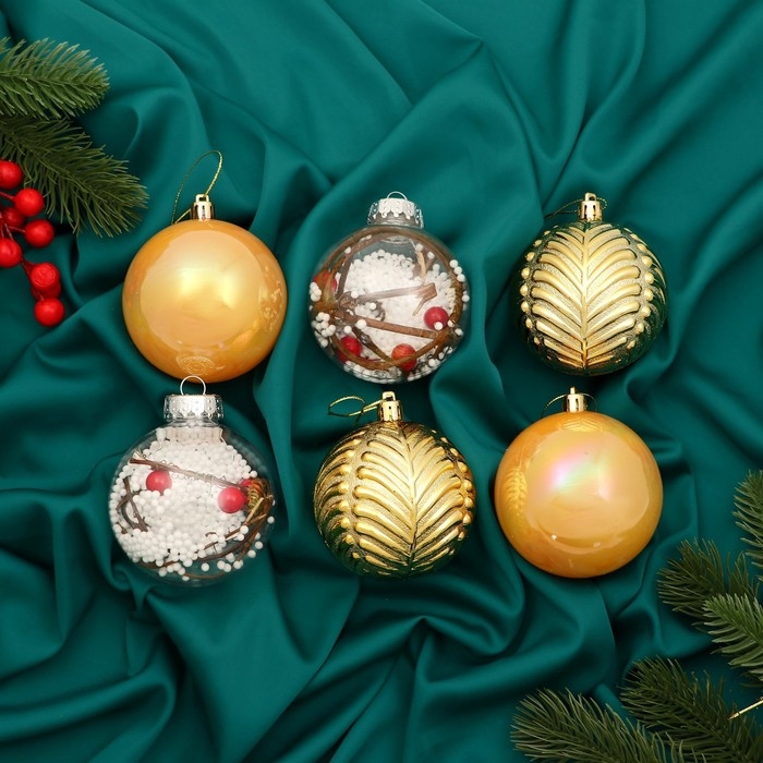 Набор шаров пластик d-8 см, 6 шт Набор шаров пластик d-8 см, 6 шт "Мелодия" веточки глянец, золото