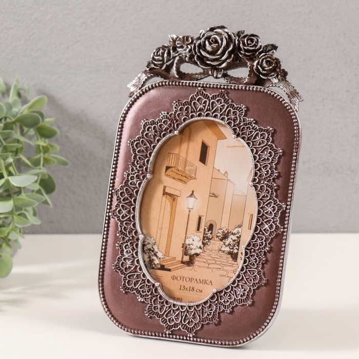 Фоторамка полистоун 10х15 см Фоторамка полистоун 10х15 см "Кружево и розы" серебро и шоколад 15х1,5х24 см