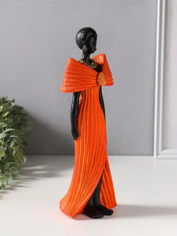 Сувенир полистоун "Девушка в ярко-оранжевом платье с большим бантом" чёрный 11х9,5х30,5 см   1092991