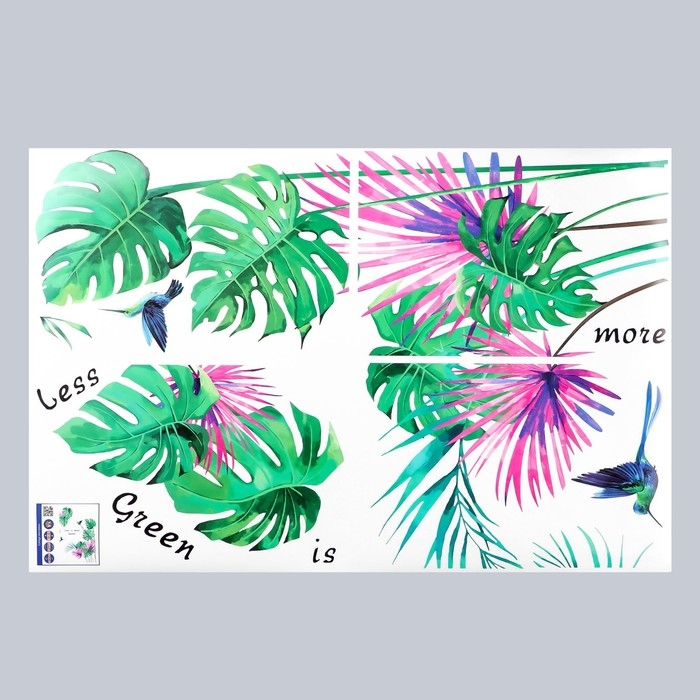 Наклейка пластик интерьерная цветная  Наклейка пластик интерьерная цветная "Колибри и пальмовые листья" 60х90 см