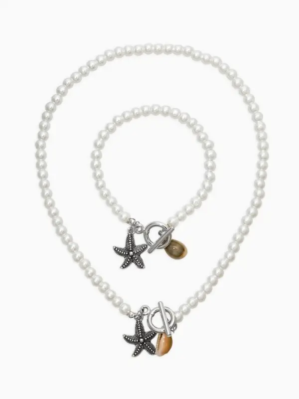 Набор 2 пред-та: бусы.браслет "Жемчуг", звезда, цвет белый в серебре L=18/42см №6