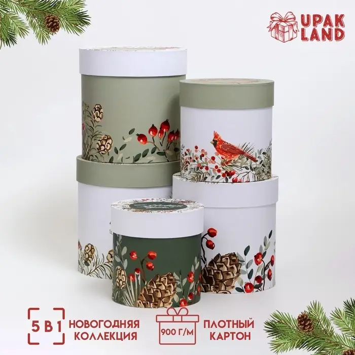 Коробки подарочные шляпные 5 в 1 &laquo;Счастливого Нового года&raquo;, 20&times;20 &mdash; 15&times;15 см