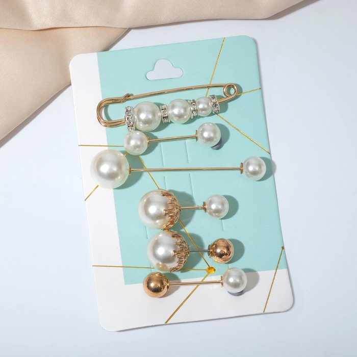 Набор булавок (6 шт.) «Жемчуг», 6,5 см, цвет белый в золоте Набор булавок (6 шт.) «Жемчуг», 6,5 см, цвет белый в золоте