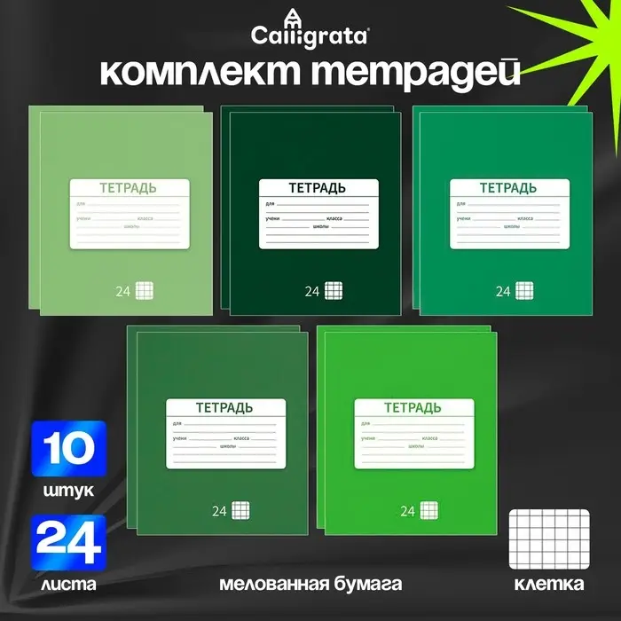 Тетради 10 штук, 24 листа в клетку &laquo;Однотонная Новая&raquo;, обложка мелованная бумага, ВД-лак, блок офсет, 5 видов по 2 шт.