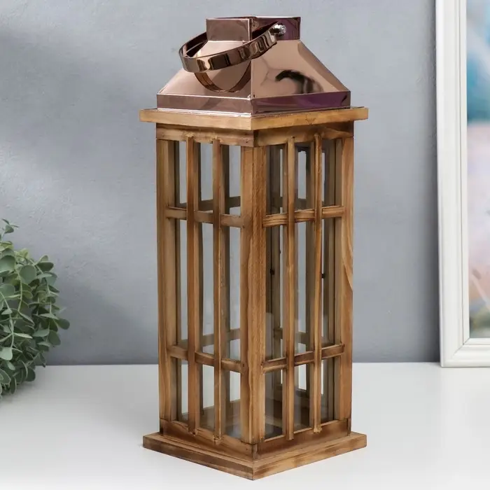 Деревянный подсвечник - фонарь на 1 свечу &laquo;Витраж&raquo;, корица и медь набор 2 шт. 41.5&times;15.5&times;15.5, 58&times;22&times;22 см