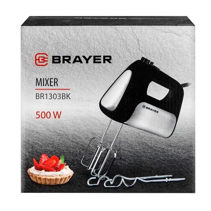 Миксер  BRAYER 1303BR-BK, ручной, 500 Вт, 5 скоростей, 2 пары насадок, турборежим