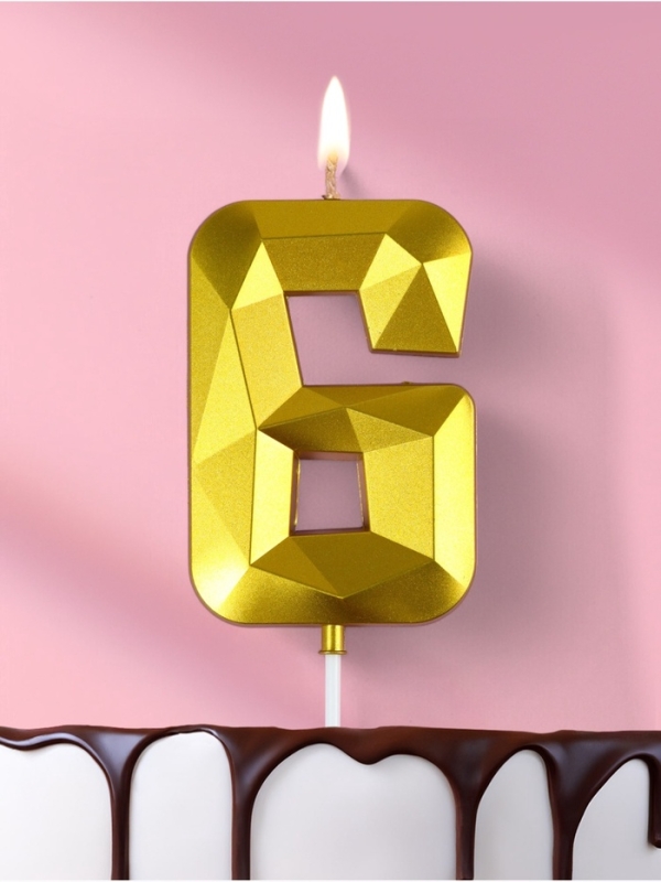 Свеча ГИГАНТ в торт на шпажке «Грань», цифра Свеча ГИГАНТ в торт на шпажке «Грань», цифра "6", золотая, 9 см