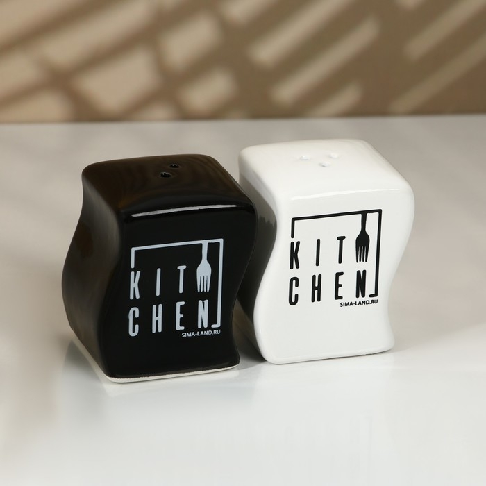Набор керамический для специй на металлической подставке Kitchen, 2 шт, цвет белый-чёрный Набор керамический для специй на металлической подставке Kitchen, 2 шт, цвет белый-чёрный