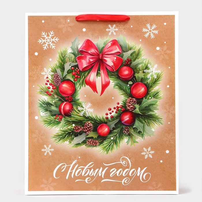 Новый год. Пакет ламинированный вертикальный Новый год. Пакет ламинированный вертикальный "Венок", XL 40 × 49 × 19 см.