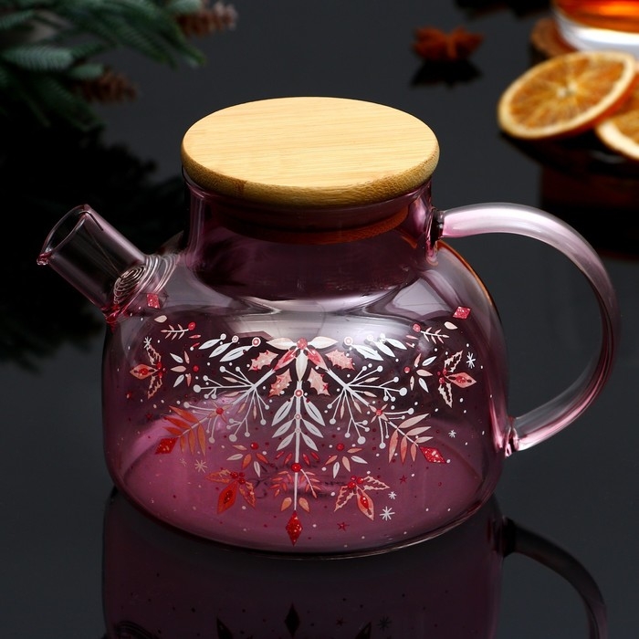 Новый год. Чайник заварочный стеклянный с бамбуковой крышкой «Розовая сказка», 600 мл Новый год. Чайник заварочный стеклянный с бамбуковой крышкой «Розовая сказка», 600 мл