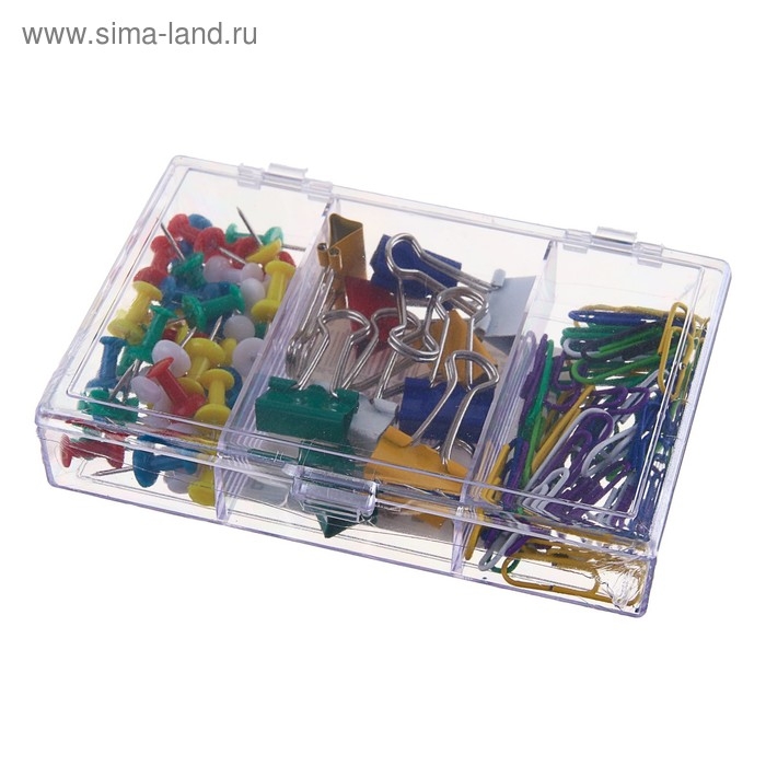 Набор канцелярский из 3-х предметов (скрепки 28 мм цветные - 50 шт., зажимы для бумаг 19 мм цветные - 10 шт., кнопки силовые цветные - 40 шт.) Набор канцелярский из 3-х предметов (скрепки 28 мм цветные - 50 шт., зажимы для бумаг 19 мм цветные - 10 шт., кнопки силовые цветные - 40 шт.)