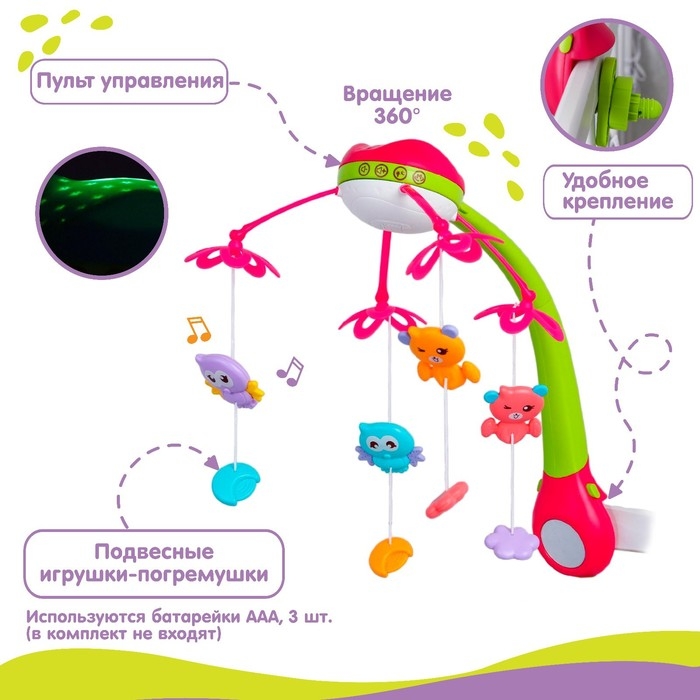 Мобиль музыкальный на кроватку «Яркие птички», с ночником + пульт, цвет МИКС Мобиль музыкальный на кроватку «Яркие птички», с ночником + пульт, цвет МИКС