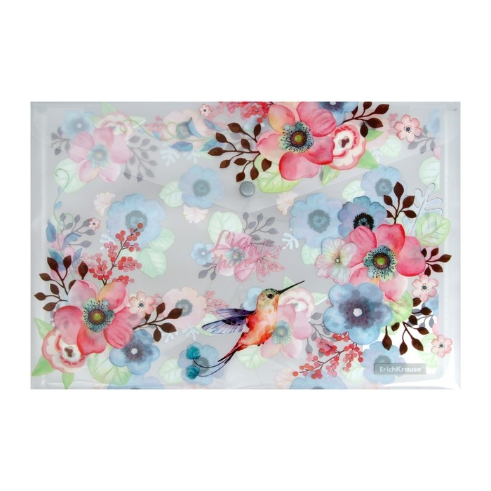 Папка-конверт на кнопке А4, 160 мкм, ErichKrause, Colibri, полупрозрачная, глянцевая, с принтом Папка-конверт на кнопке А4, 160 мкм, ErichKrause, Colibri, полупрозрачная, глянцевая, с принтом