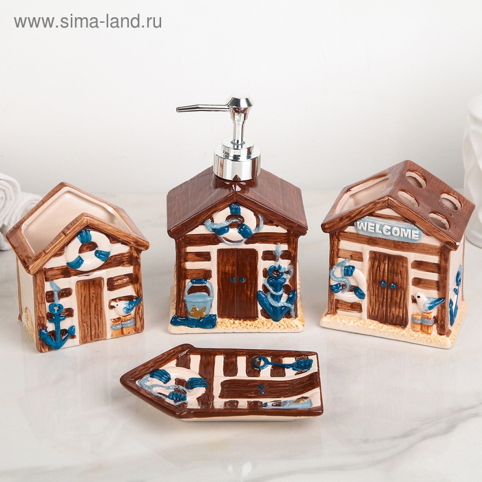 Набор аксессуаров для ванной комнаты Доляна «Маяк», 4 предмета (дозатор 400 мл, мыльница, 2 стакана), цвет коричневый Набор аксессуаров для ванной комнаты Доляна «Маяк», 4 предмета (дозатор 400 мл, мыльница, 2 стакана), цвет коричневый