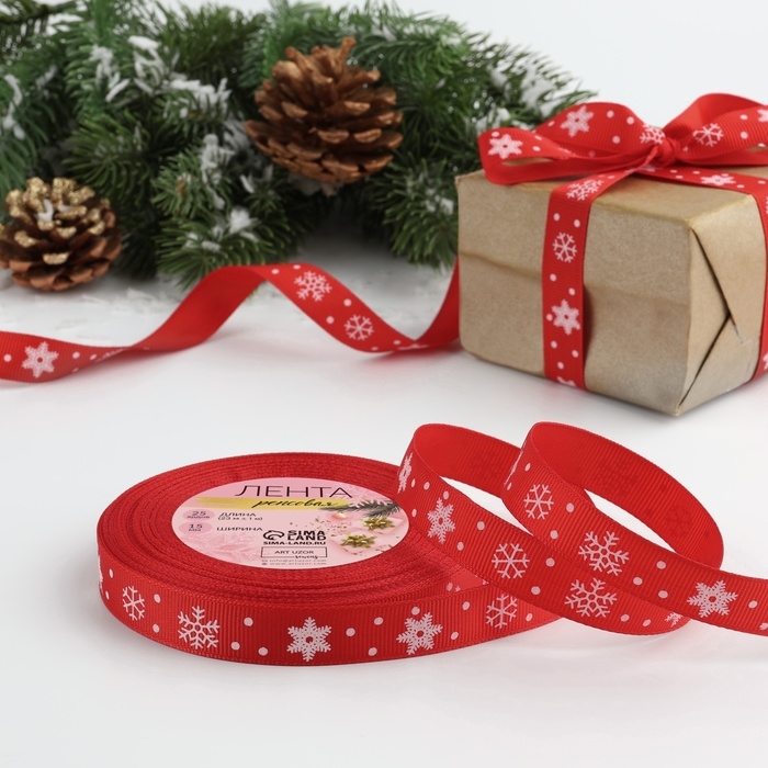 Лента репсовая «Снежинки», 15 мм, 23 ± 1 м, цвет красный №026 Лента репсовая «Снежинки», 15 мм, 23 ± 1 м, цвет красный №026
