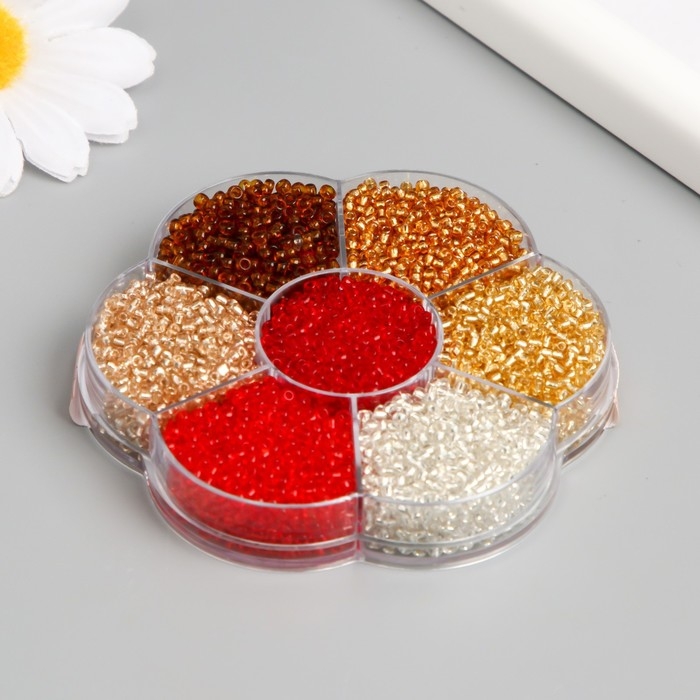 Бисер стекло 12/0 в цветке  Бисер стекло 12/0 в цветке "Огонь" цветной прозрачный 7 цветов х 8  гр 8,2х8,2х2 см