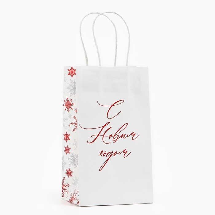 Пакет подарочный новогодний «С Новым годом», снежинки, белый крафт, 12 х 21 х 9 см , Новый год