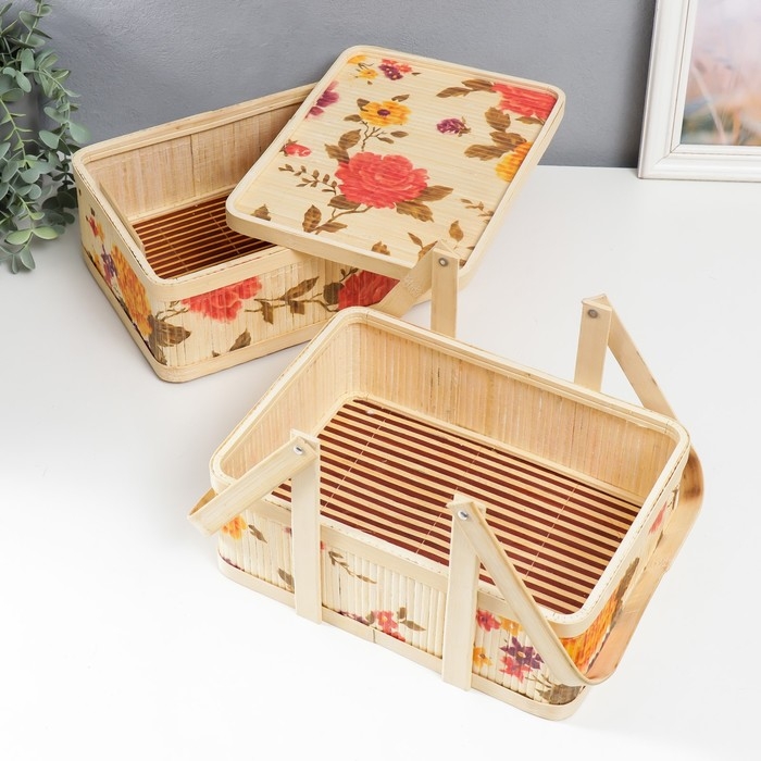 Шкатулка бамбук 2в1 Шкатулка бамбук 2в1 "Сад с пионами" с ручками 21х20х27 см