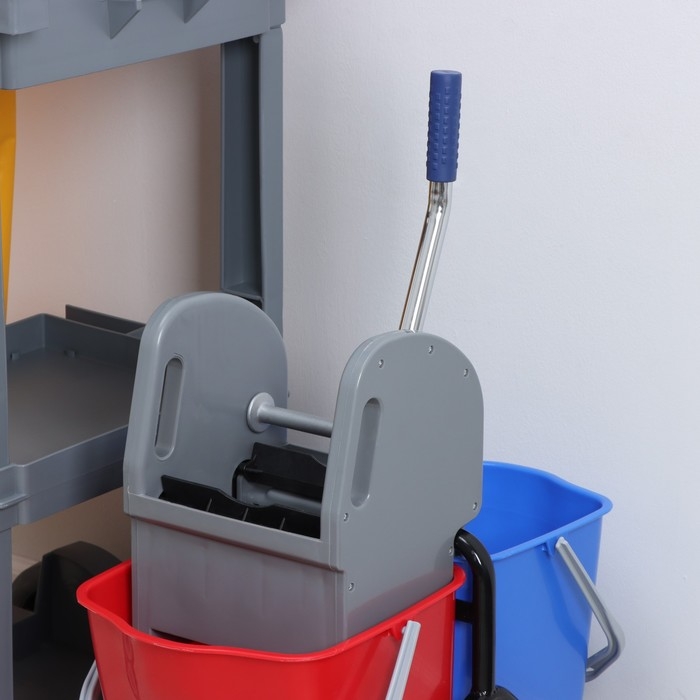 Многофункциональная тележка для клининга с вёдрами, отжимом и лотками, цвет серый