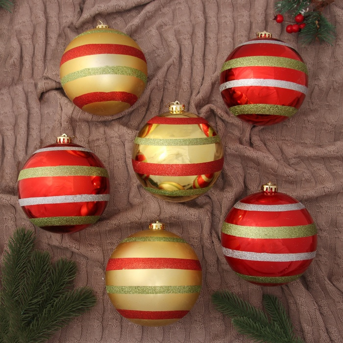 Набор шаров пластик d-14 см, 6 шт Набор шаров пластик d-14 см, 6 шт "Полосатый бум" красно-золотой
