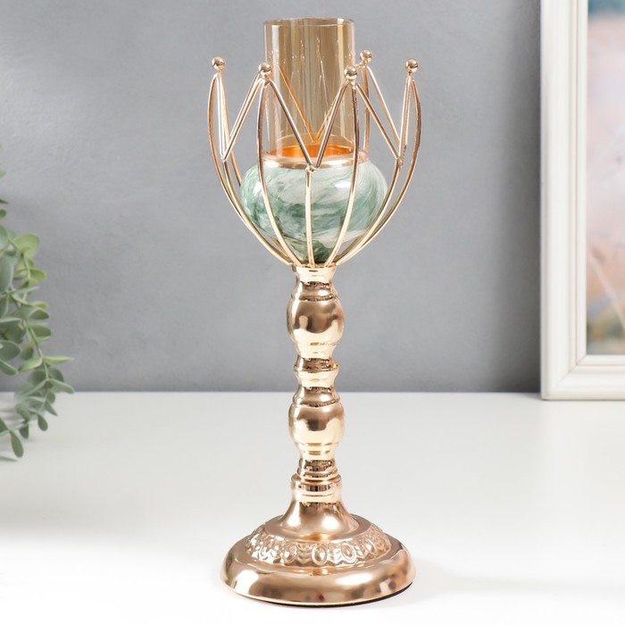 Подсвечник металл на 1 свечу Подсвечник металл на 1 свечу "Бутон. Бело-зелёный мрамор" золото 29х11х11 см