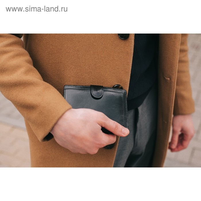 Портмоне мужское на кнопке, 3 в 1, для автодокументов и паспорта, 2 отдела, для карт, для монет, цвет чёрный Портмоне мужское на кнопке, 3 в 1, для автодокументов и паспорта, 2 отдела, для карт, для монет, цвет чёрный