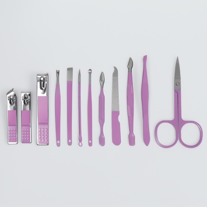 Набор маникюрный, 12 предметов, в футляре, цвет сиреневый Набор маникюрный, 12 предметов, в футляре, цвет сиреневый