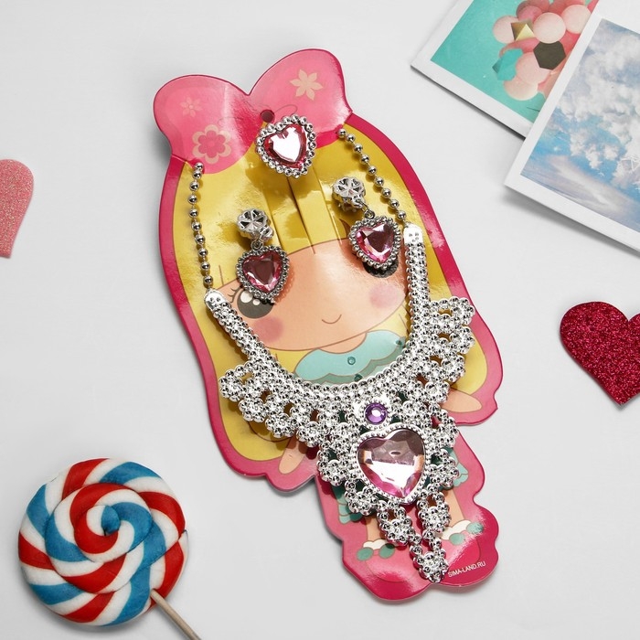 Набор детский «Выбражулька» 3 предмета: клипсы, колье, кольцо, сердце, цвет розовый Набор детский «Выбражулька» 3 предмета: клипсы, колье, кольцо, сердце, цвет розовый