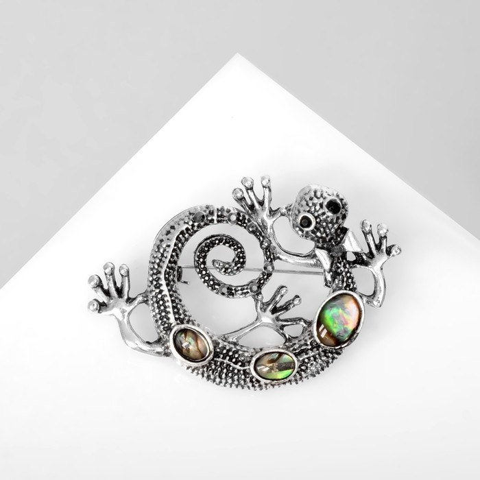 Брошь &laquo;Галиотис&raquo; хамелеон, цвет зелёный в чернёном серебре