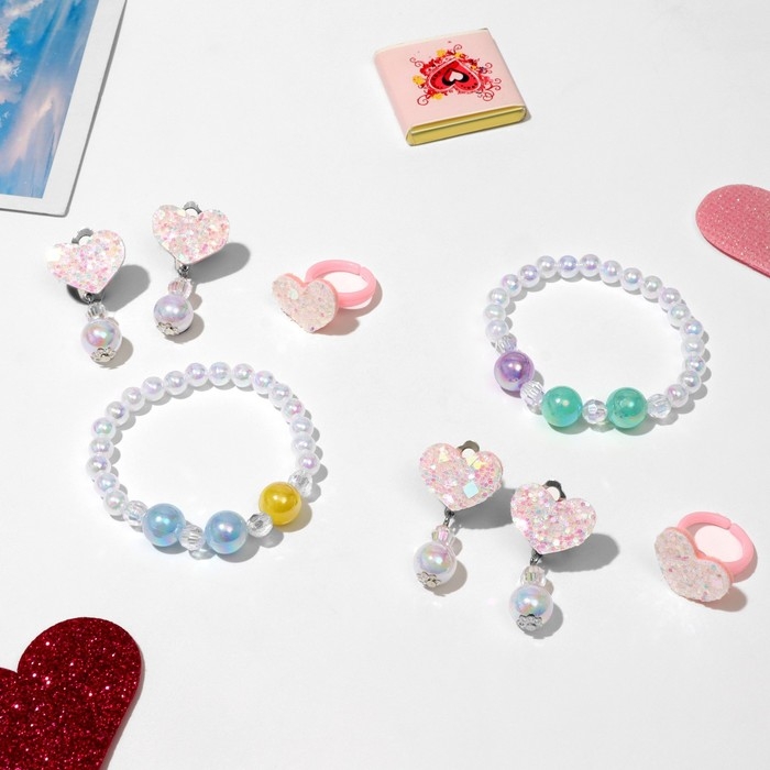 Набор детский «Выбражулька» 3 предмета: клипсы, браслет, кольцо, сердечки, цветной Набор детский «Выбражулька» 3 предмета: клипсы, браслет, кольцо, сердечки, цветной