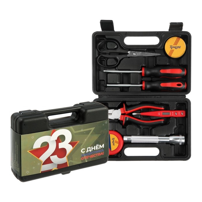 Набор инструментов в кейсе ТУНДРА Набор инструментов в кейсе ТУНДРА "23 ФЕВРАЛЯ", в подарочной упаковке, 8 предметов