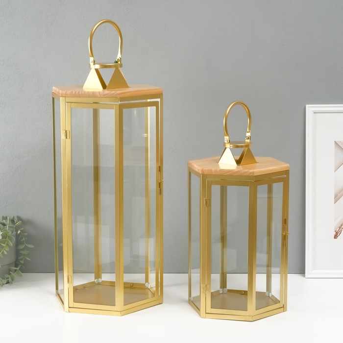 Подсвечник металл, дерево, фонарь Подсвечник металл, дерево, фонарь"Шесть граней" набор 2 шт 22,5х19,5х38; 22,5х26х55 см