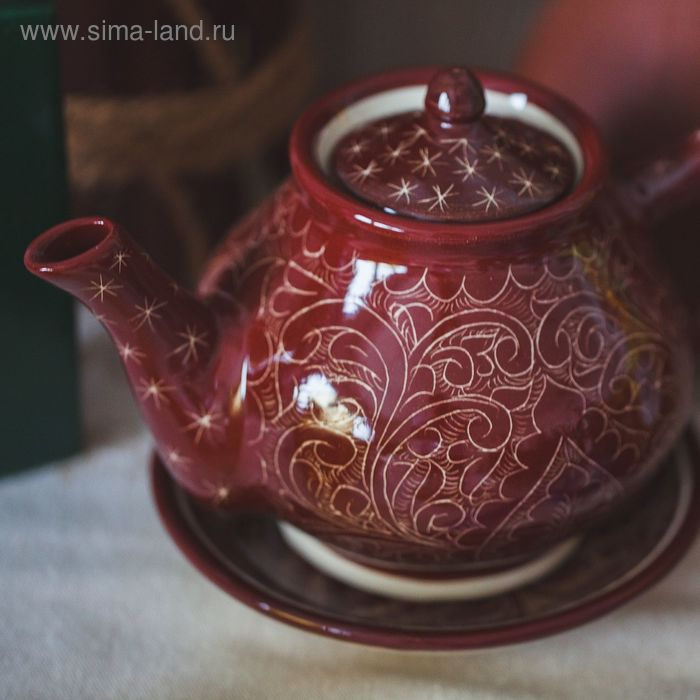 Набор чайный Риштанская Керамика Набор чайный Риштанская Керамика "Узоры", 9 предметов, (чайник 0.8 л, пиалы 0.3 л)