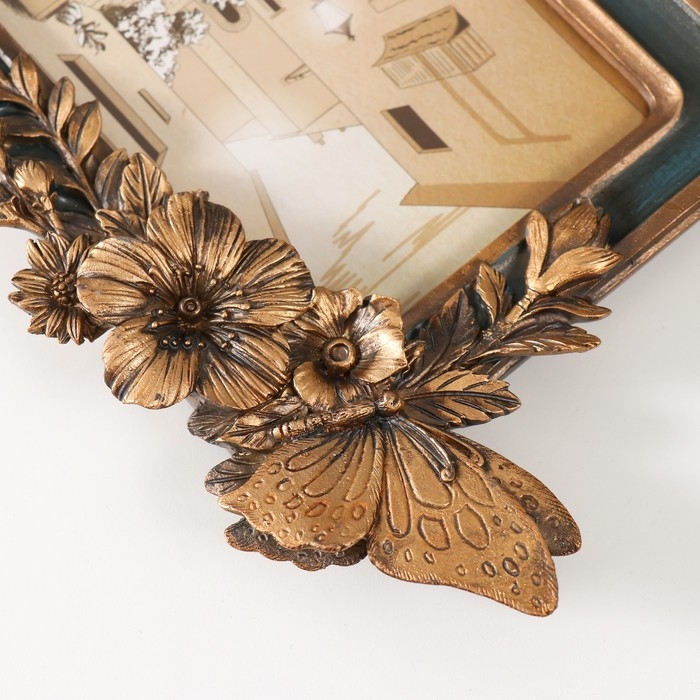 Фоторамка полистоун 10х15 см Фоторамка полистоун 10х15 см "Бабочка на букете" тёмно-зелёная с золотом 15,5х3,2х23,3 см