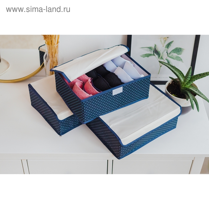 Набор органайзеров для хранения белья с крышкой «Горох», 3 шт, 32×24×12 см, цвет тёмно-синий Набор органайзеров для хранения белья с крышкой «Горох», 3 шт, 32×24×12 см, цвет тёмно-синий
